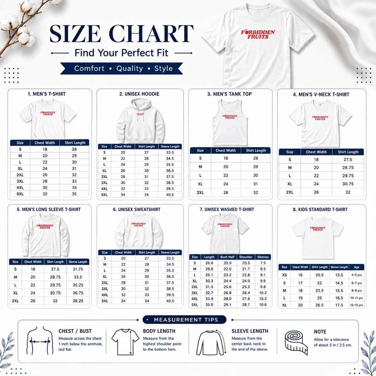 Awesome The Cinegogue Forbidden Fruits Size Chart Size chart for Awesome The Cinegogue Forbidden Fruits showing measurements in inches and cm