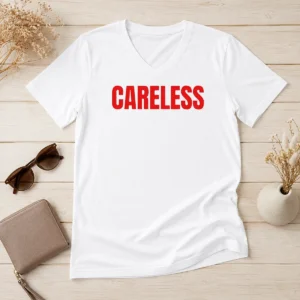 Funny Omar Rudberg Careless V Neck Shirt in black with bold graphic print, perfect casual wear