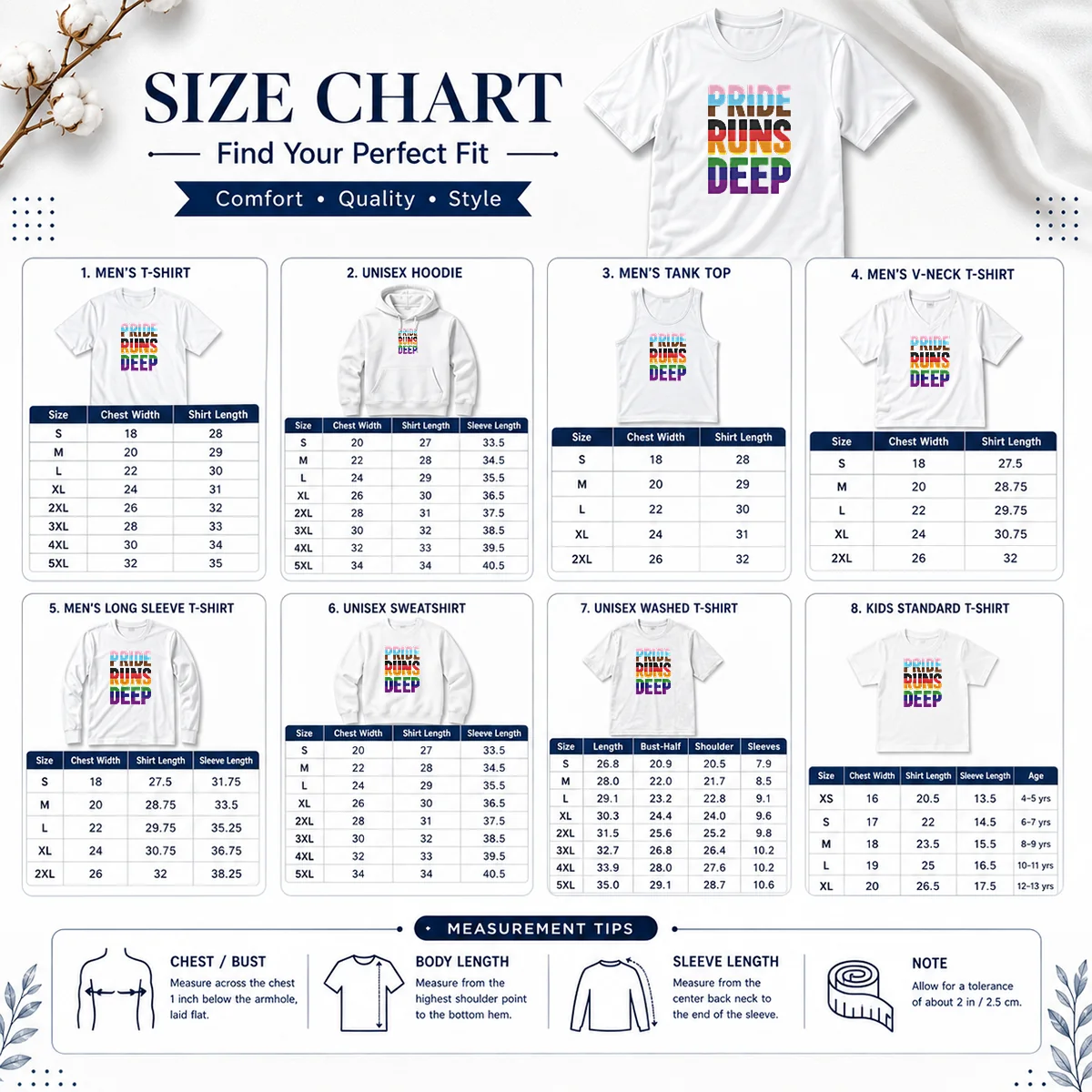 Funny Seattle Kraken Pride Runs Deep Size Chart Size chart for Funny Seattle Kraken Pride Runs Deep with measurements in inches and cm