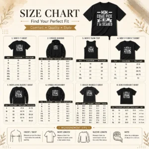 Size chart for Good Official Mom Come Pick Me Up I'M Scared Funny with measurements in inches and cm