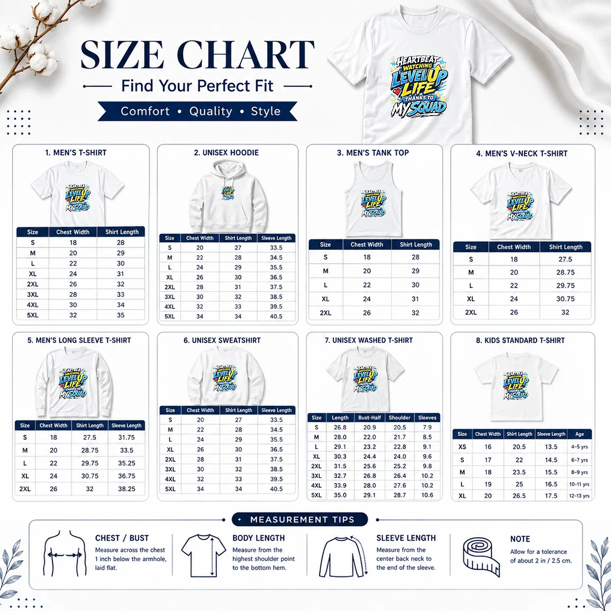 Heartbeat Watching Level Up Life Squad Anime Shirt for Gamers Size Chart Size chart for Heartbeat Watching Level Up Life Squad Anime Shirt with measurements in inches and cm.