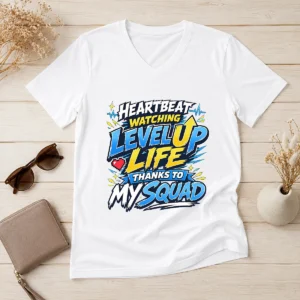 Heartbeat Watching Level Up Life Squad Anime Shirt for Gamers V-Neck Shirt