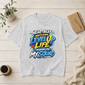 Heartbeat Watching Level Up Life Squad Anime Shirt for Gamers Washed T-Shirt