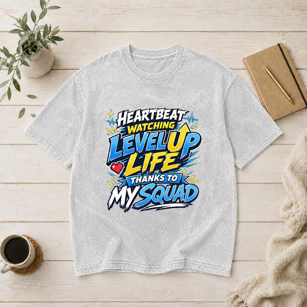 Heartbeat Watching Level Up Life Squad Anime Shirt for Gamers Washed T-Shirt