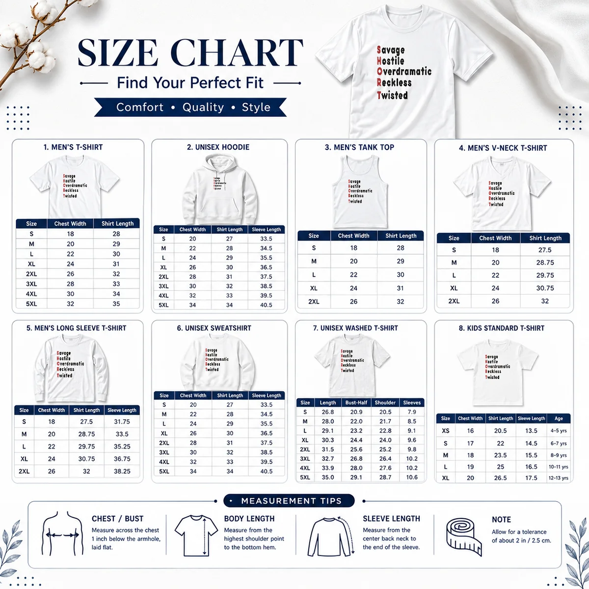 Hot Premium SHORT Stands For Savage Hostile Overdramatic Reckless Twisted Size Chart Size chart for Hot Premium SHORT Stands For Savage Hostile Overdramatic Reckless Twisted with measurements in inches and cm