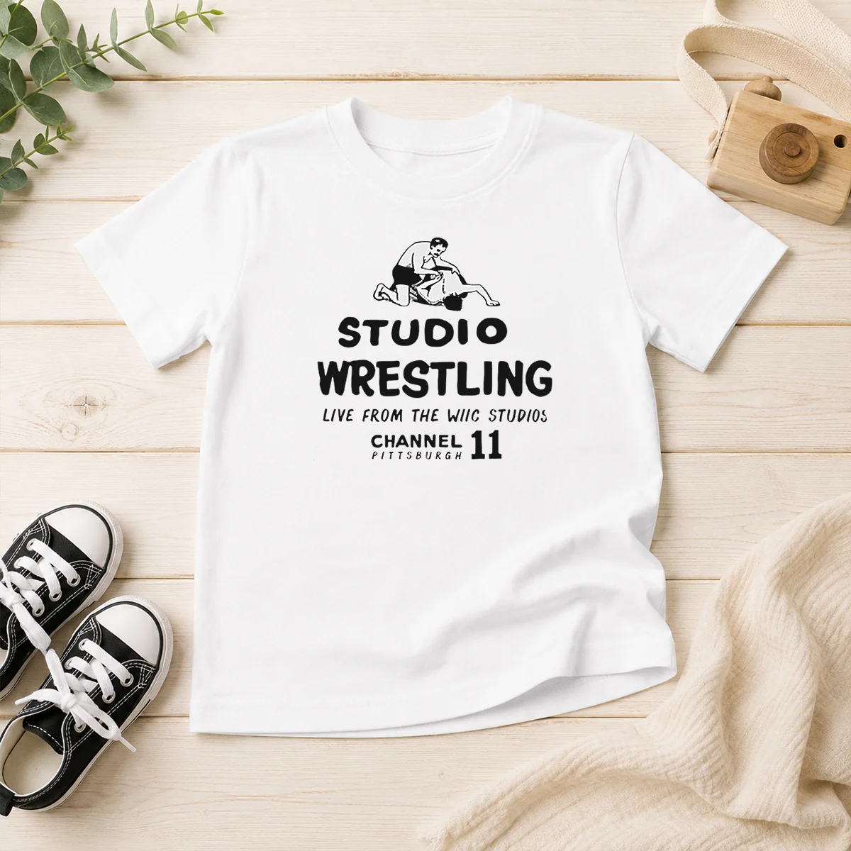 Hot Studio Wrestling Live From The WIIC Studios Channel 11 Pittsburgh Kids T Shirt in vibrant colors on a comfortable kids short sleeve tee