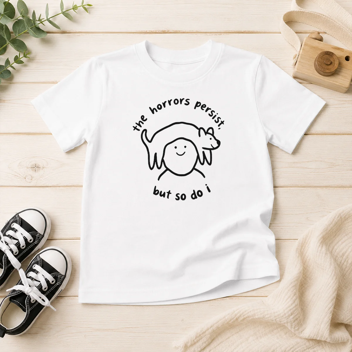 Hot The Horrors Persist But So Do I Dog On Head Line Art Illustration Kids T-Shirt