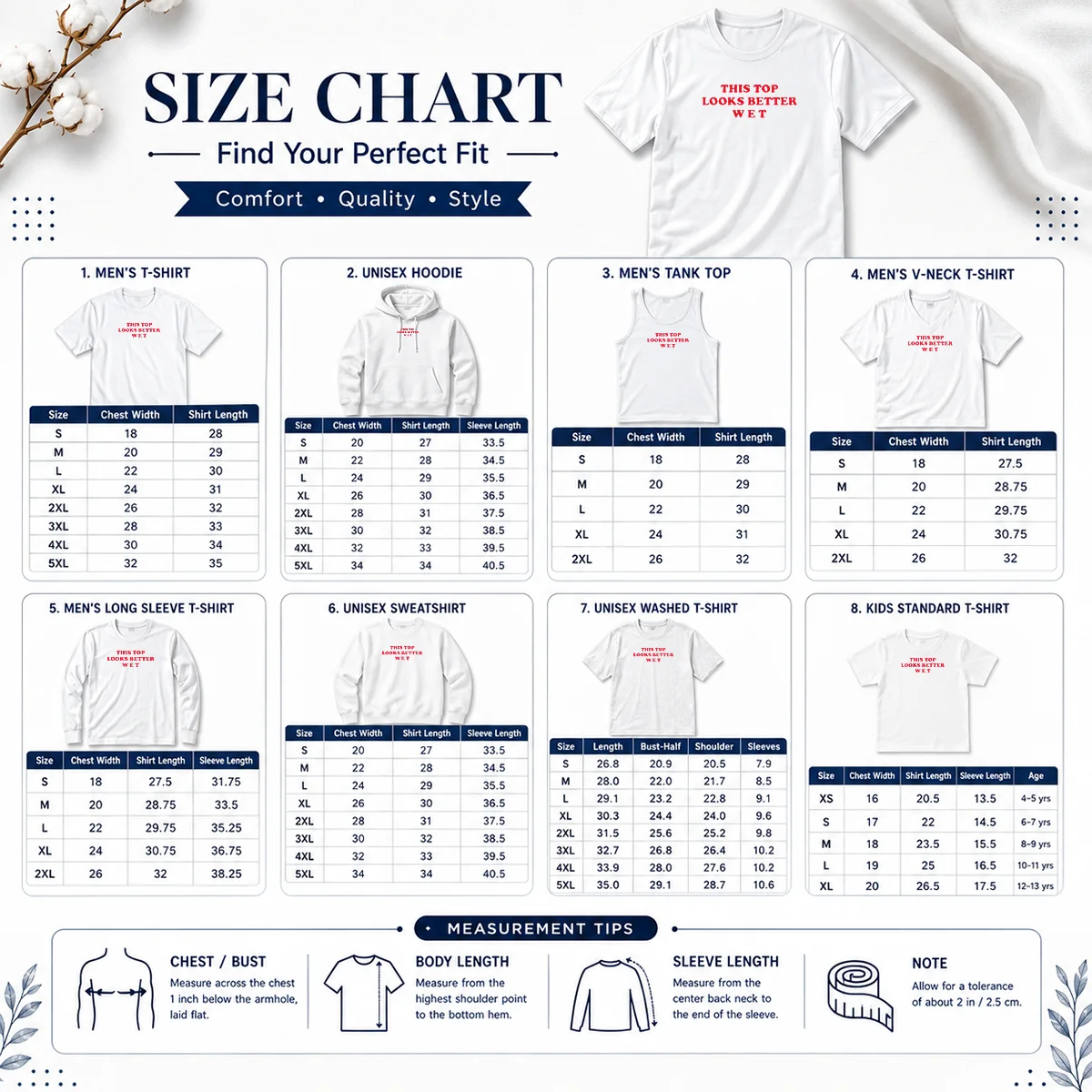 Hot This Top Looks Better Wet Size Chart Size chart for Hot This Top Looks Better Wet showing measurements in inches and centimeters