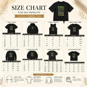 Size chart for Nice Pretty Female Students Wanted For Sexual Research with measurements in inches and cm