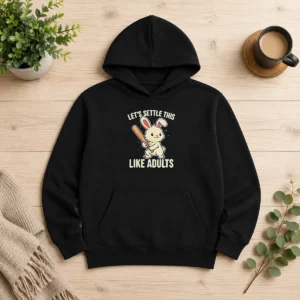 Nice Rabbit Holding Baseball Bat Let'S Settle This Like Adults Hoodie in charcoal gray with front kangaroo pocket and adjustable drawstring hood