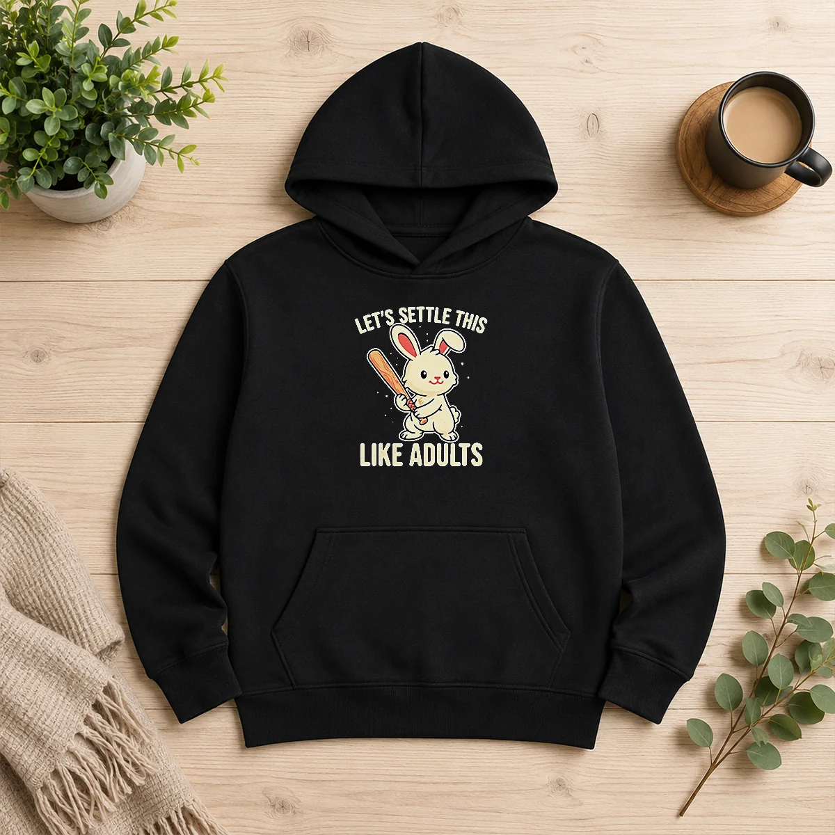 Nice Rabbit Holding Baseball Bat Let'S Settle This Like Adults Hoodie in charcoal gray with front kangaroo pocket and adjustable drawstring hood