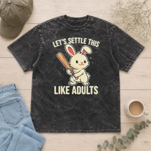 Nice Rabbit Holding Baseball Bat Let'S Settle This Like Adults printed on a soft washed t shirt in light gray