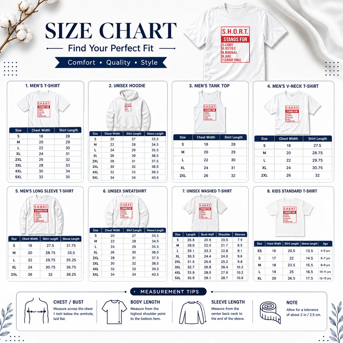 Nice Short Stands For Scary Hostile Original Rare Terrifying Size Chart Size chart for Nice Short Stands For Scary Hostile Original Rare Terrifying with measurements in inches and cm