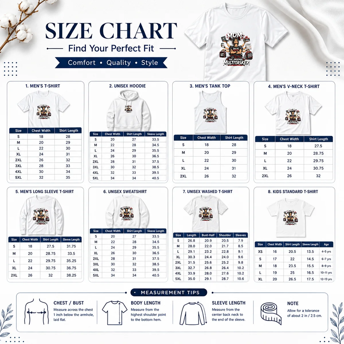 Original Multitasker Mom Streetwear Shirt Size Chart Size chart for the Original Multitasker Mom Streetwear Shirt with measurements in inches and cm.