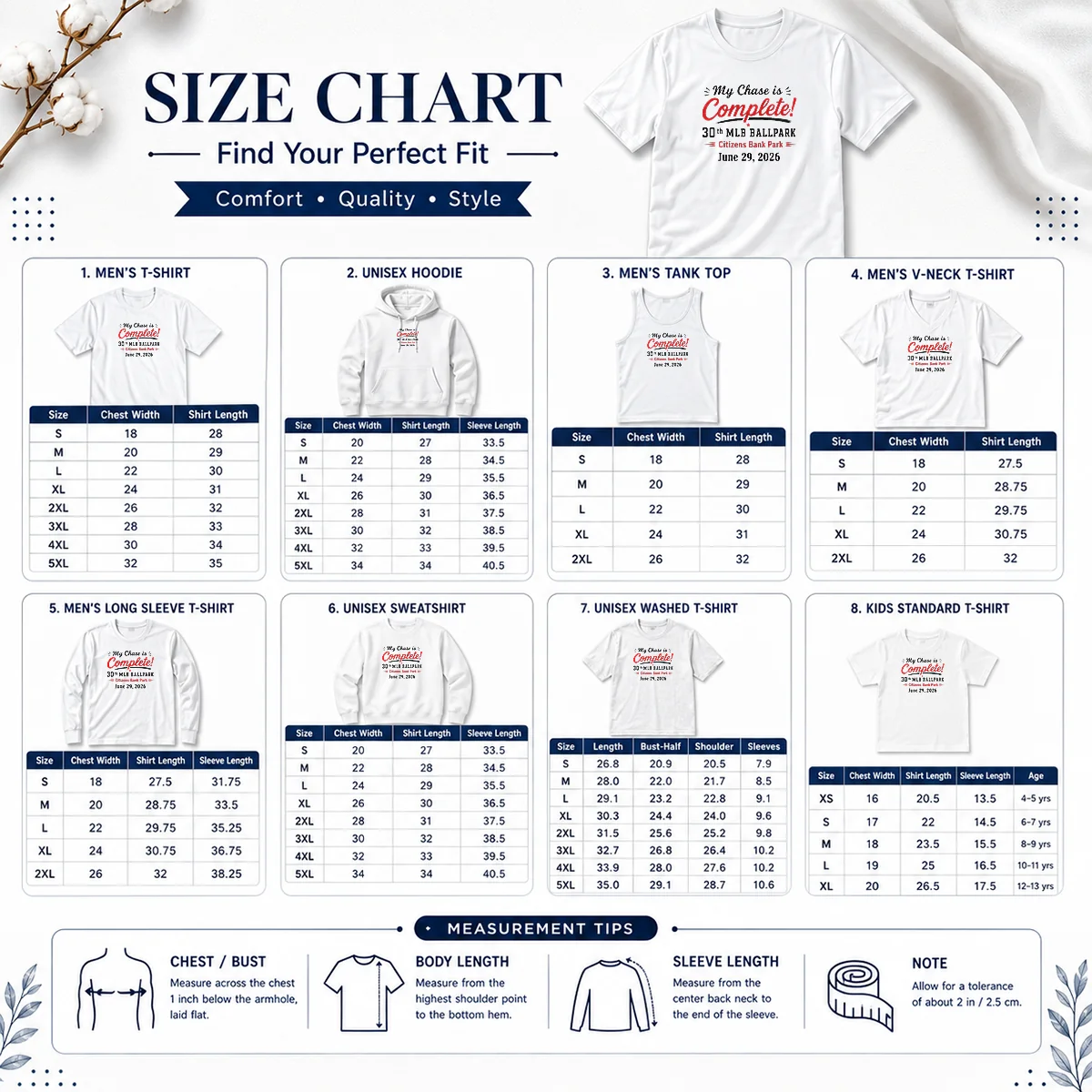 Original My Chase Is Complete 30th Ballpark Citizens Bank Park June 29 2026 Size Chart Size chart for Original My Chase Is Complete 30th Ballpark Citizens Bank Park June 29 2026 with measurements in inches and cm