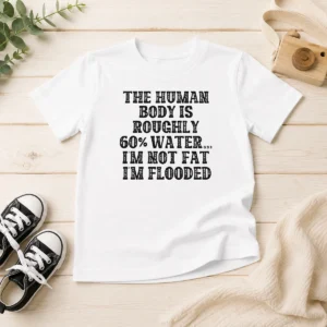 Original The Human Body Is Roughly 60 Percent Water I'M Not Fat I'M Flooded kids t shirt in blue with humorous text design