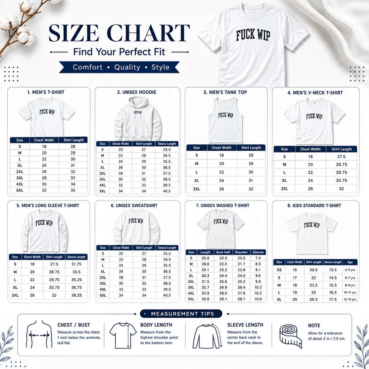 Original Tom Stakes Fck Wip Size Chart Size chart for Original Tom Stakes Fck Wip showing measurements in inches and centimeters