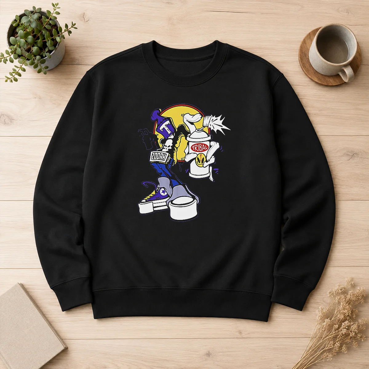Original Tribal Zodak Graffiti Artist Streetwear Graphic Sweater in black with vibrant street art design on front