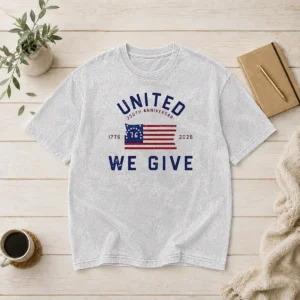 Original United 250th Anniversary We Give 1776 2026 washed t shirt in faded blue, front view