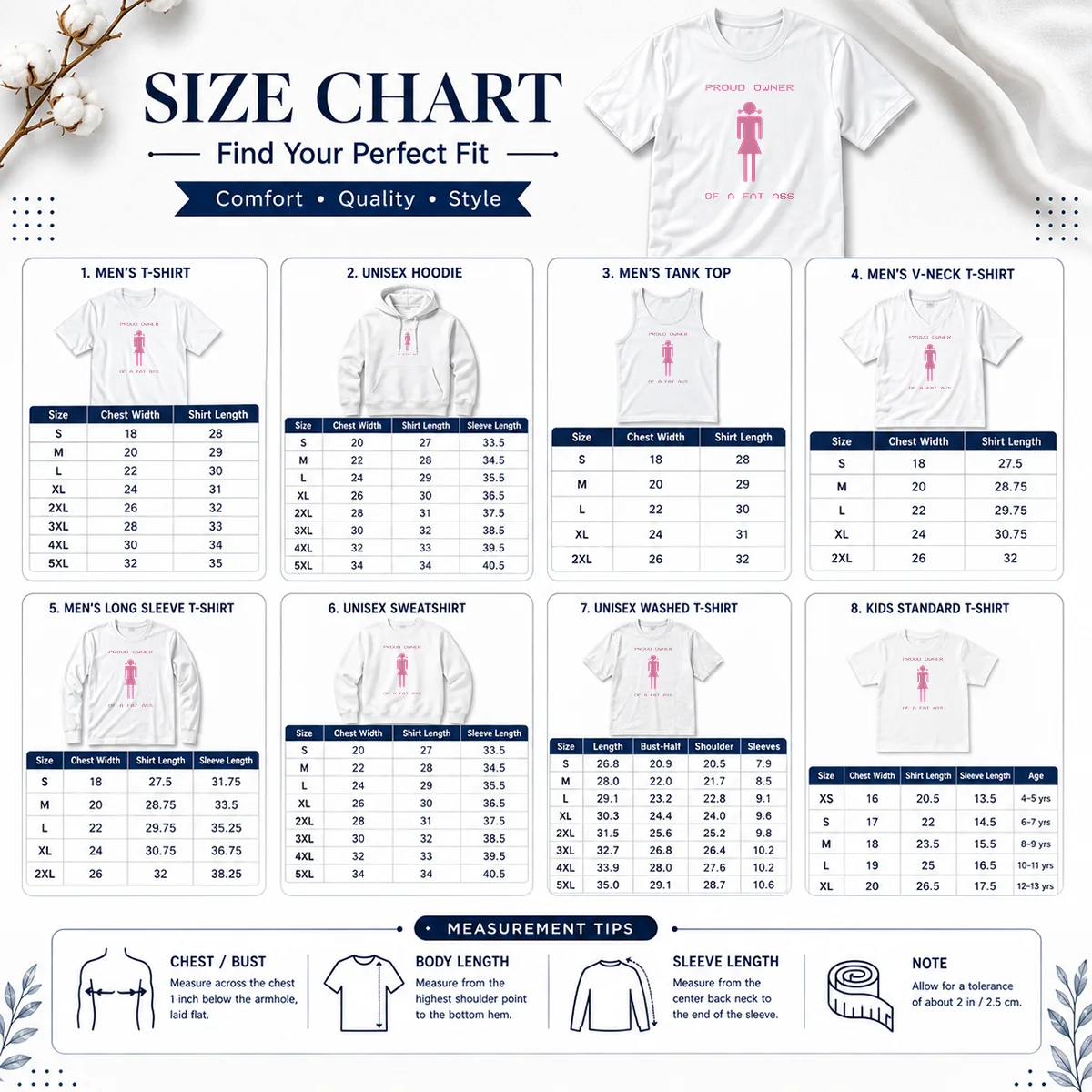 Premium Pretty Proud Owner Of A Fat Ass Size Chart Size chart for Premium Pretty Proud Owner Of A Fat Ass showing measurements in inches and cm