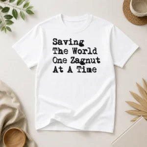 Premium Saving The World One Zagnut At A Time T shirt in classic fit, featuring bold graphic print on soft cotton fabric