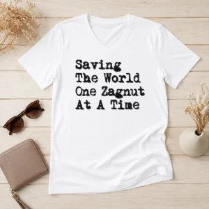 Premium Saving The World One Zagnut At A Time V Neck Shirt in charcoal gray with bold white text