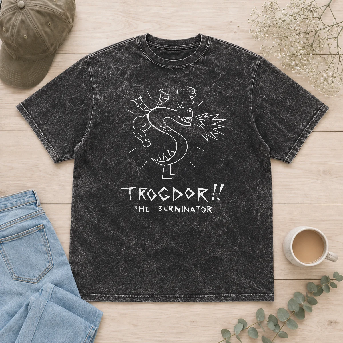 Premium Trogdor The Burninator Homestar Runner washed t shirt featuring vintage-style print on soft cotton fabric