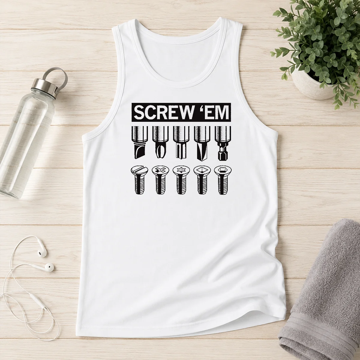 Pretty Good Screw 'Em Tank Top in white, sleeveless casual wear with bold graphic text