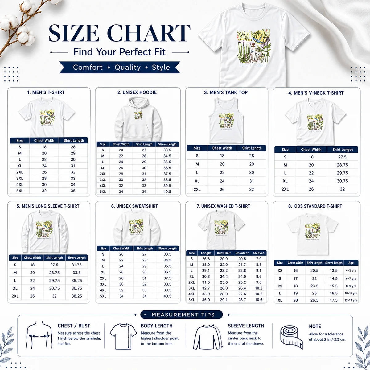 Pretty Wahkon Tah Prairie Size Chart Pretty Wahkon Tah Prairie size chart showing garment measurements in inches and centimeters