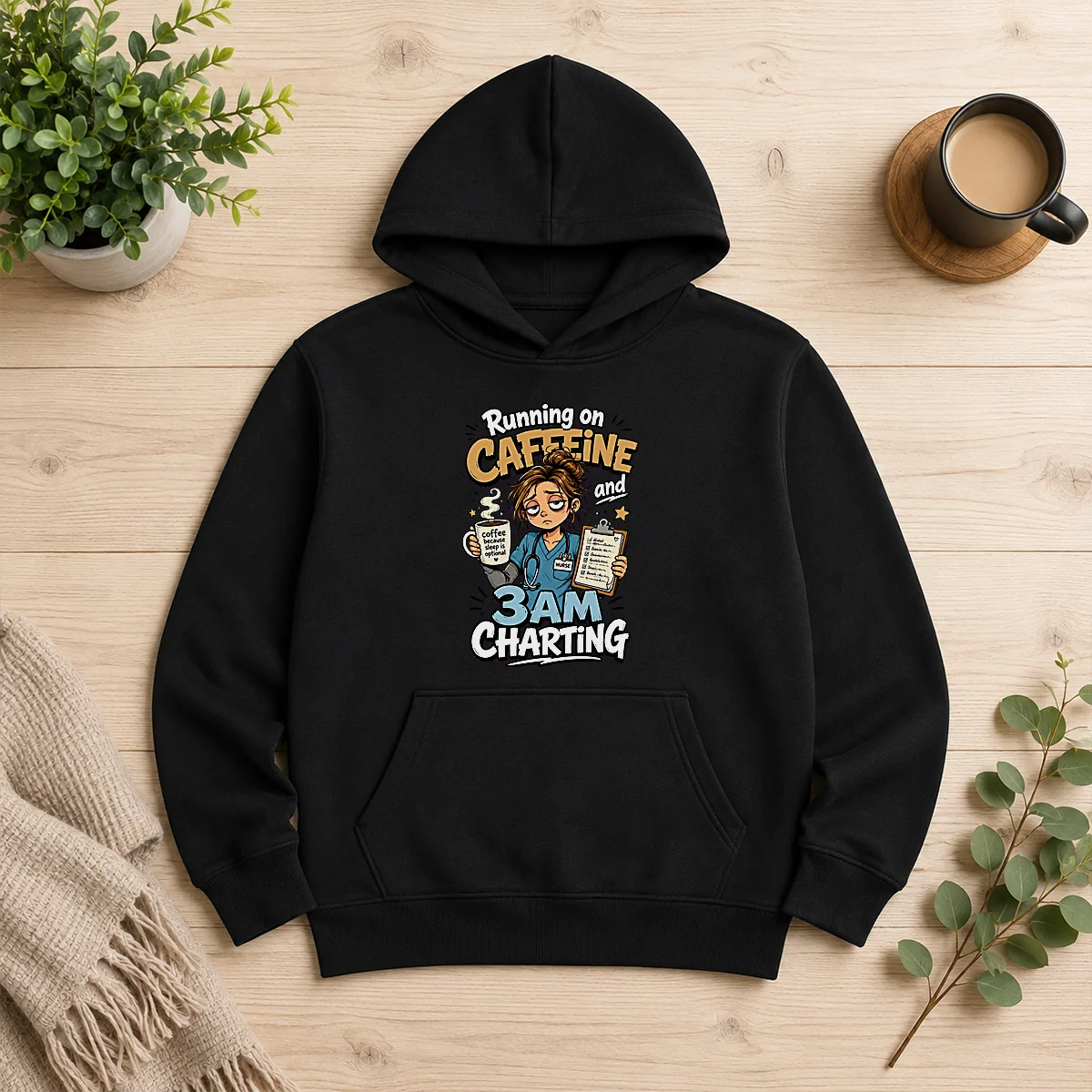Tired Nurse Running on Caffeine Cartoon Hoodie