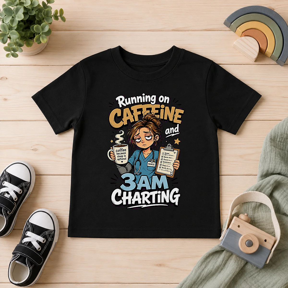 Tired Nurse Running on Caffeine Cartoon Kids T-Shirt
