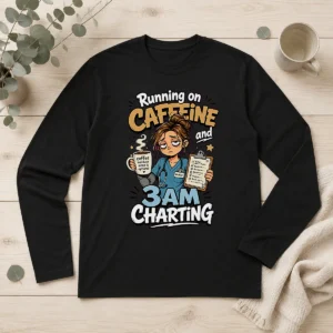 Tired Nurse Running on Caffeine Cartoon Long Sleeve Shirt