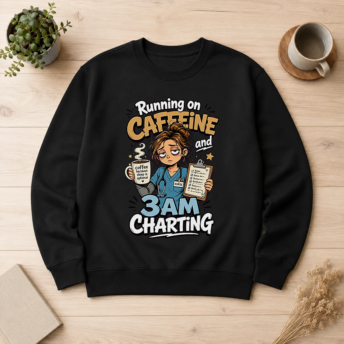 Tired Nurse Running on Caffeine Cartoon Sweater