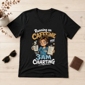 Tired Nurse Running on Caffeine Cartoon V-Neck Shirt
