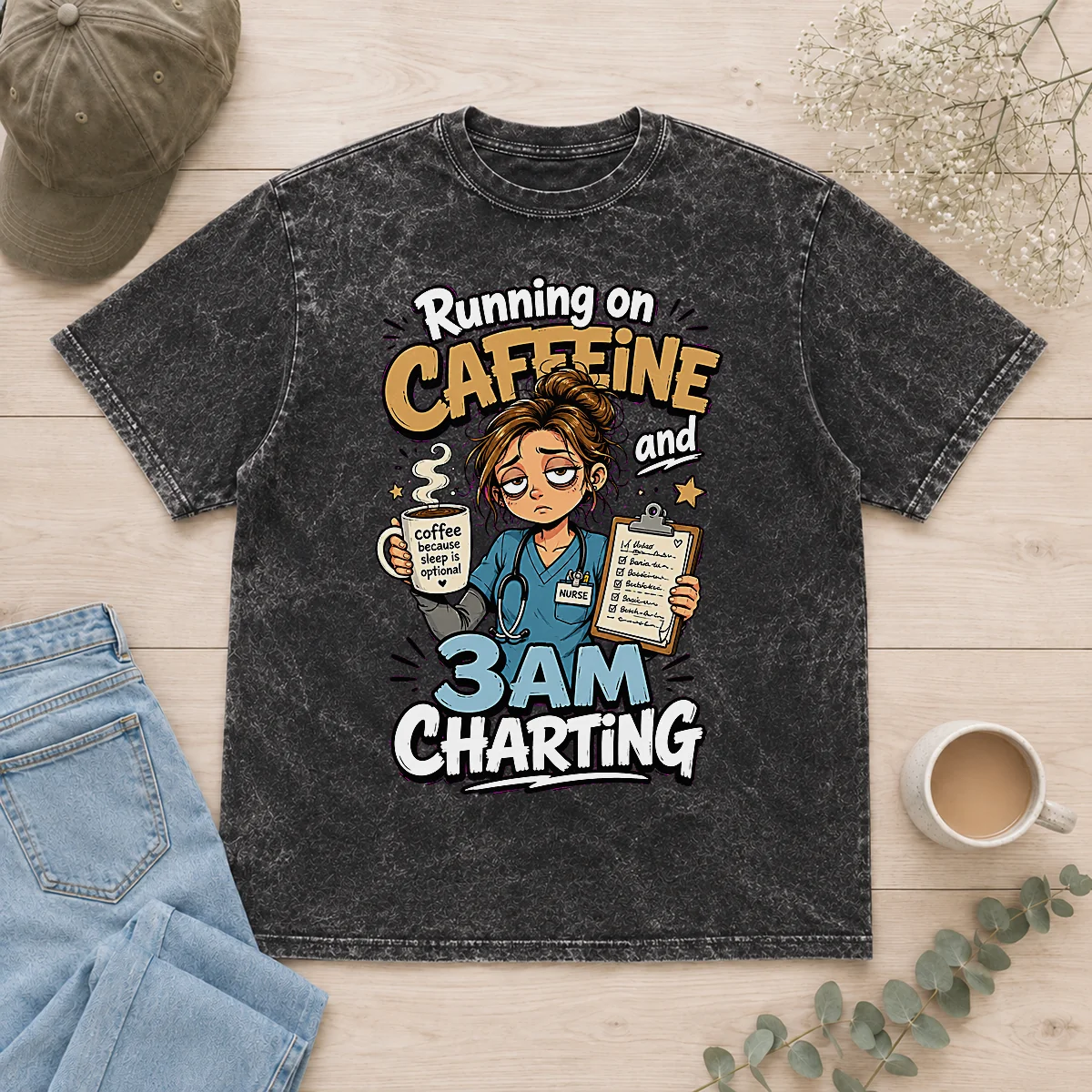 Tired Nurse Running on Caffeine Cartoon Washed T-Shirt