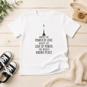 Top Funny When The Power Of Love Beats The Love Of Power The World Knows Peace NYC Skyline kids t shirt in white, front view