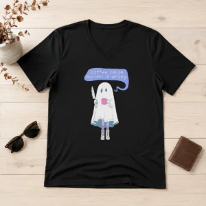 Top Nice Ghost Holding Coffee Cause Murder Is Wrong V-Neck Shirt