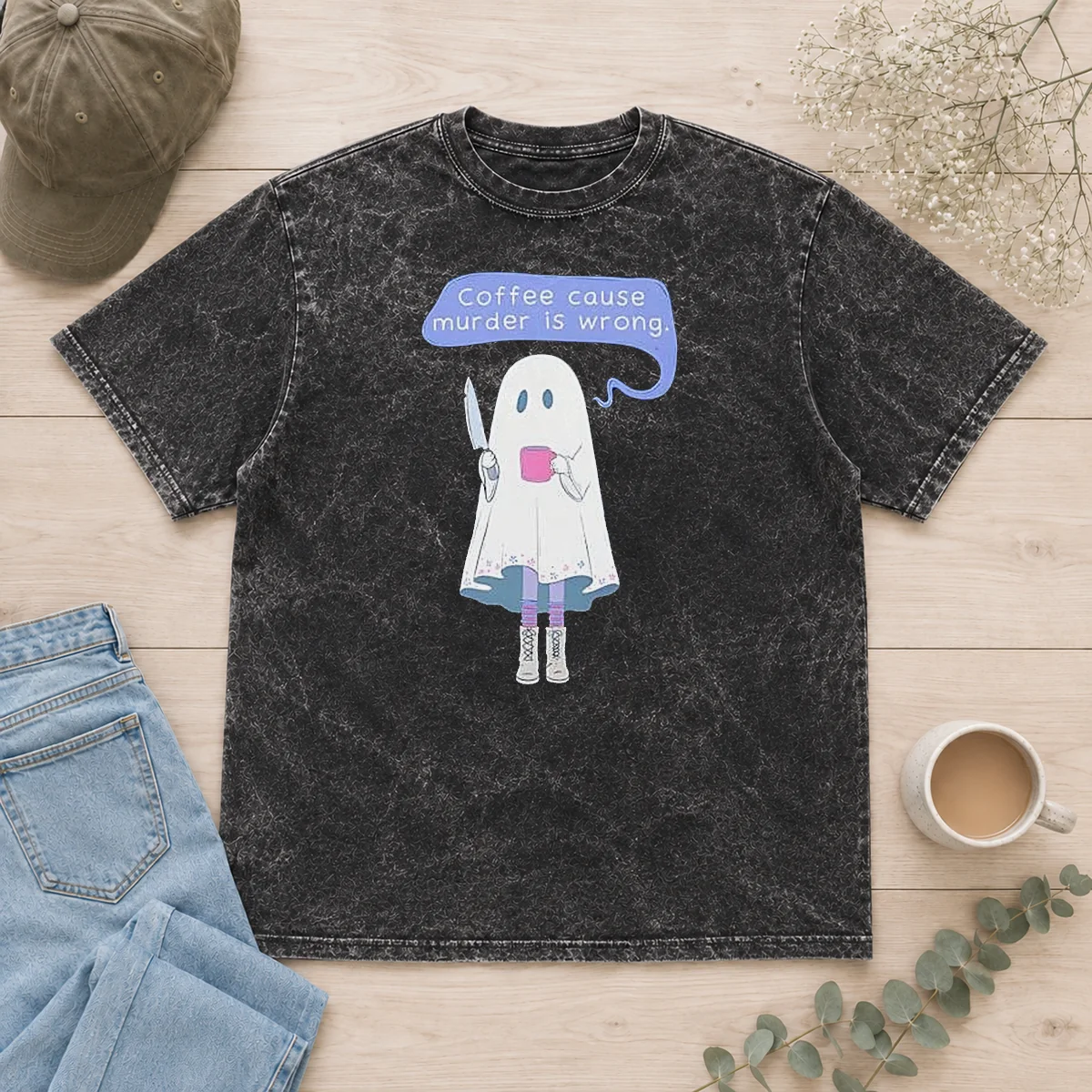 Top Nice Ghost Holding Coffee Cause Murder Is Wrong design on a soft washed t shirt in light gray