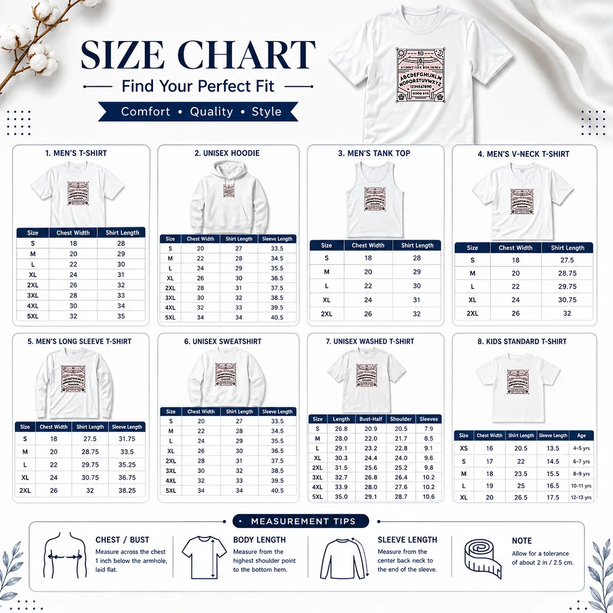 Top Ouija Board I Dont Fck With There Size Chart Size chart for Top Ouija Board I Dont Fck With There showing measurements in inches and cm