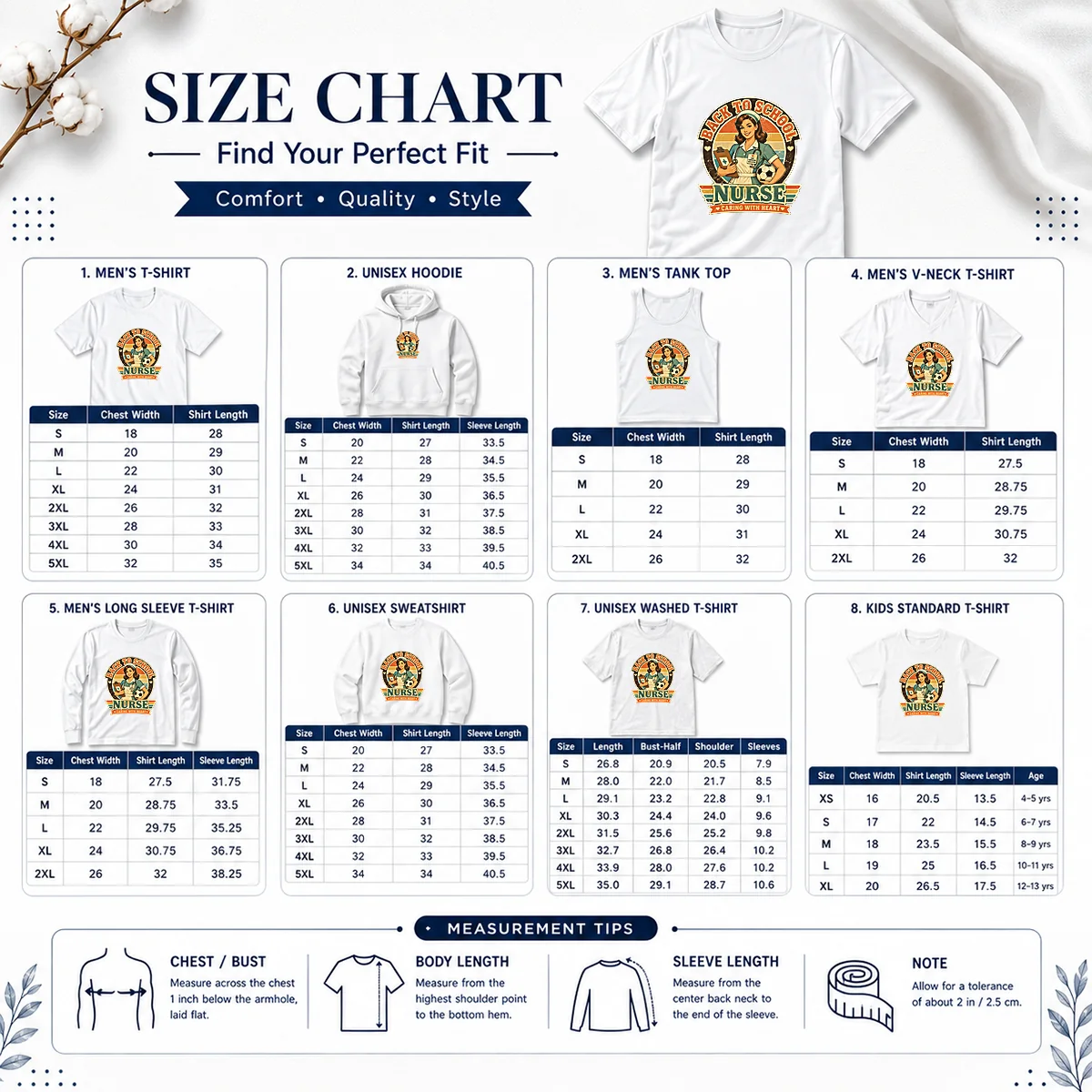 Vintage Nurse Back to School Caring Gift Shirt Size Chart Size chart for Vintage Nurse Back to School Caring Gift Shirt with measurements in inches and cm.